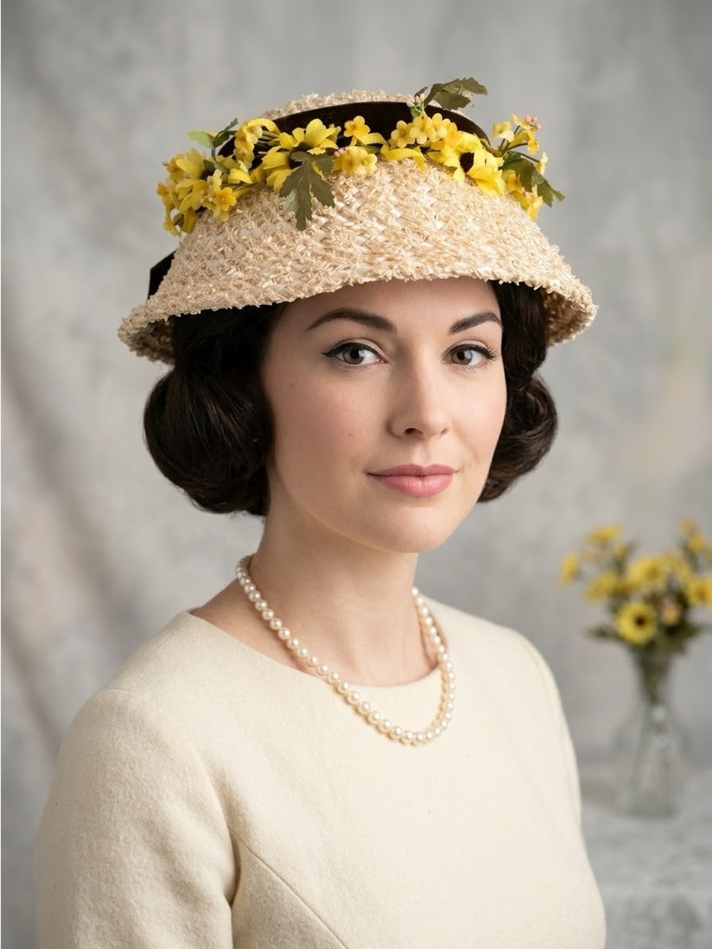 Vintage Straw Cloche Hat Velvet Bow & Flowers Trim - O/S